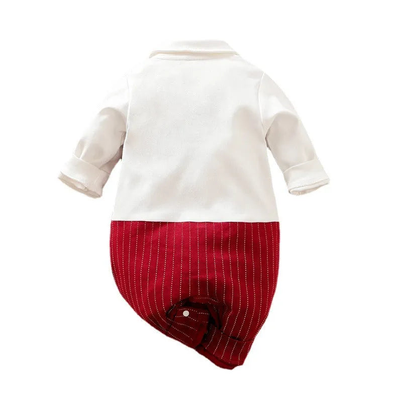 Wine red cotton baby boy romper suit with long sleeves for autumn wear.