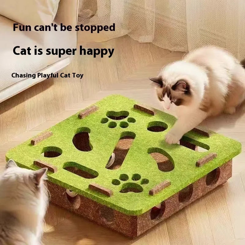 Green brown felt cat toy box with a hole for interactive play, measuring 30 cm square.