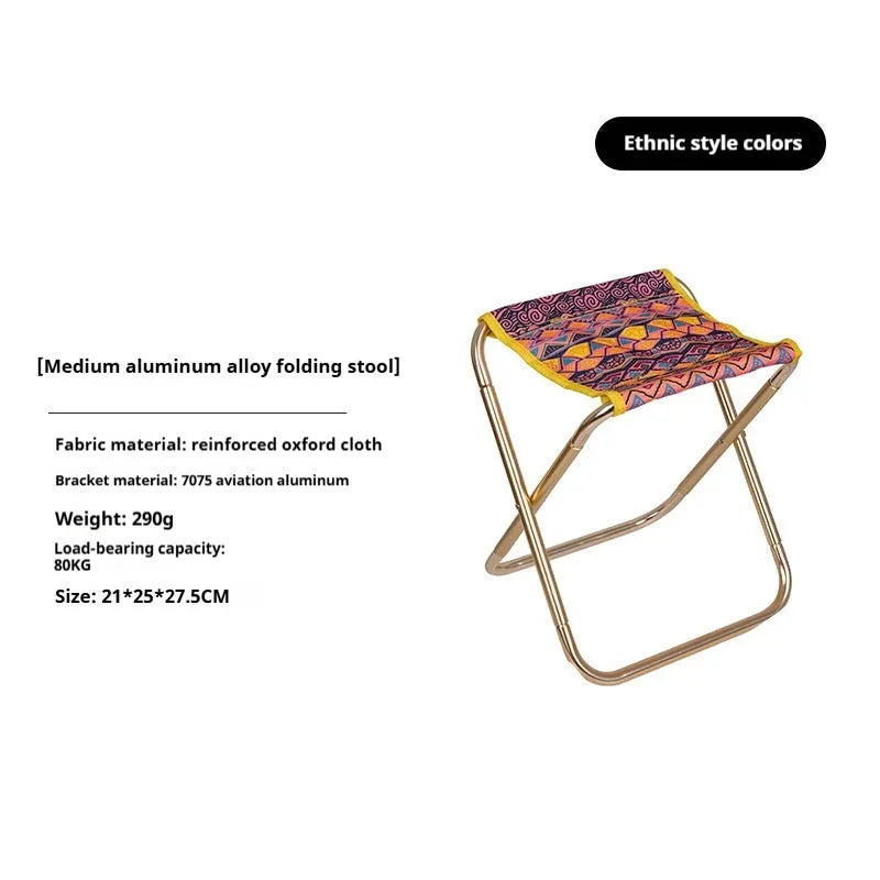 Black national style aluminium alloy folding stool shown in folded and unfolded positions.