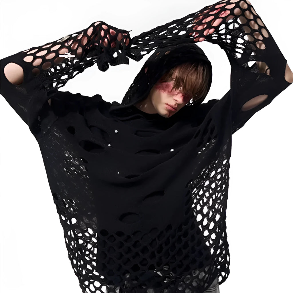 Men's black hollow knit hoodie with pearl decoration on front, loose fit pullover with hood