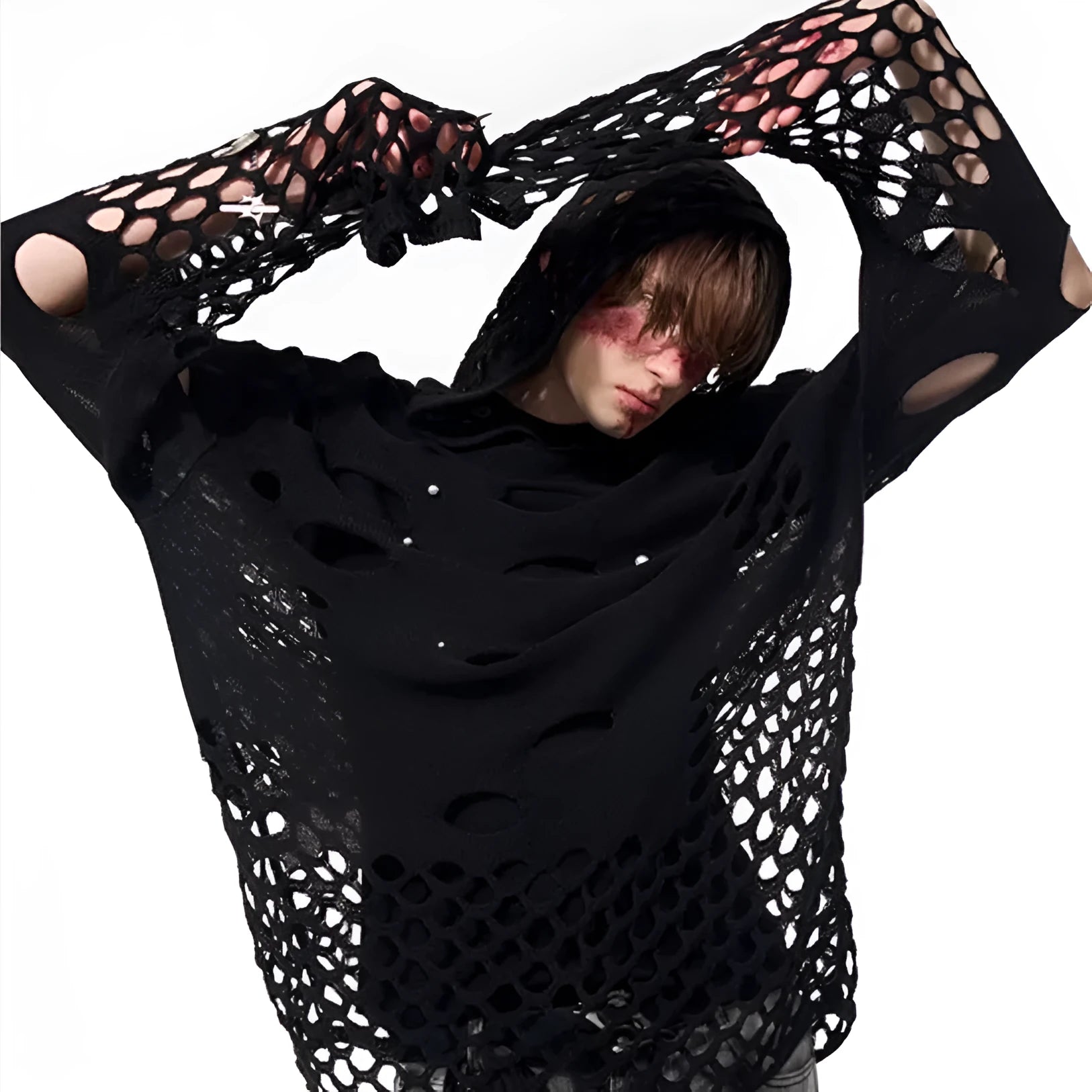 Men's black hollow knit hoodie with pearl decoration on front, loose fit pullover with hood