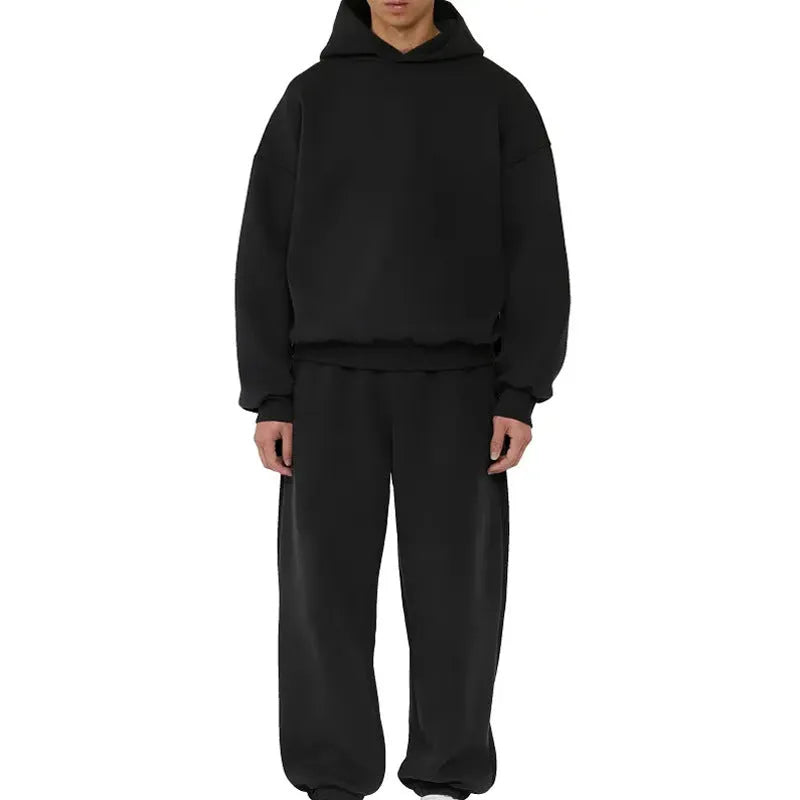 Men's solid colour fleece-lined cotton hoodie with a wool lining, shown in a pullover sweatshirt style.
