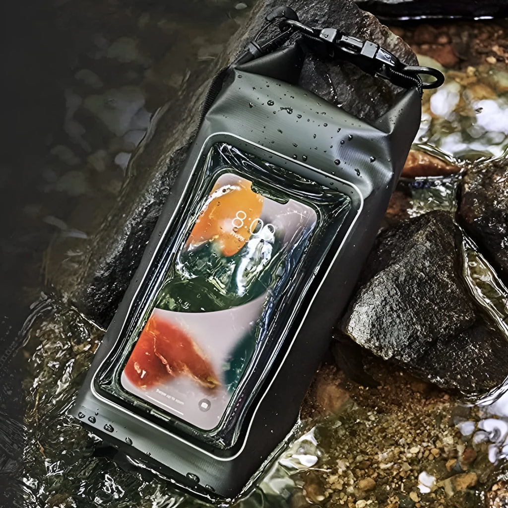 Army Green 2L waterproof PVC mesh crossbody bag for phones, shown with adjustable strap.