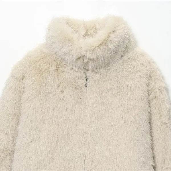 Artificial fur short coat jacket in apricot with faux fur collar, long sleeves, women's socialite style