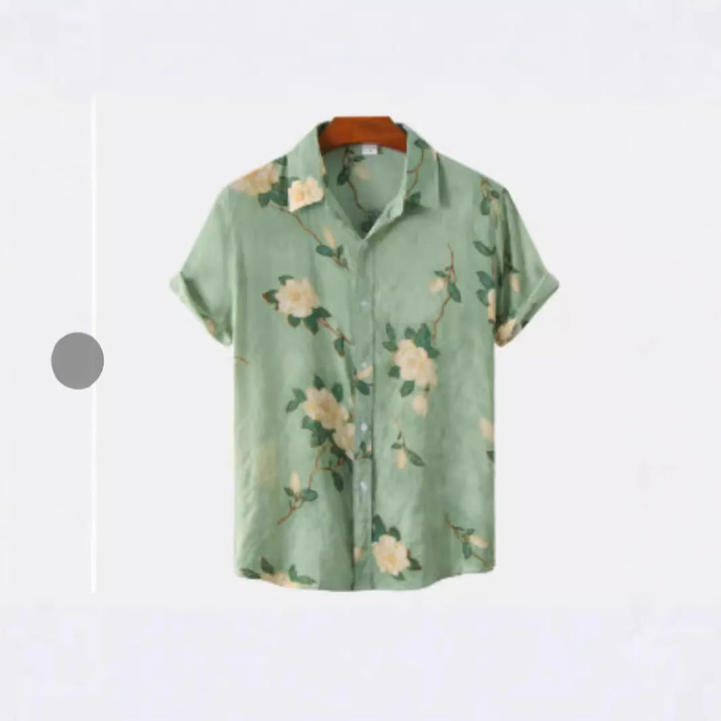 Short sleeve cardigan shirt with a Hawaiian floral pattern printed on the lapel, made from elastic polyester fabric.