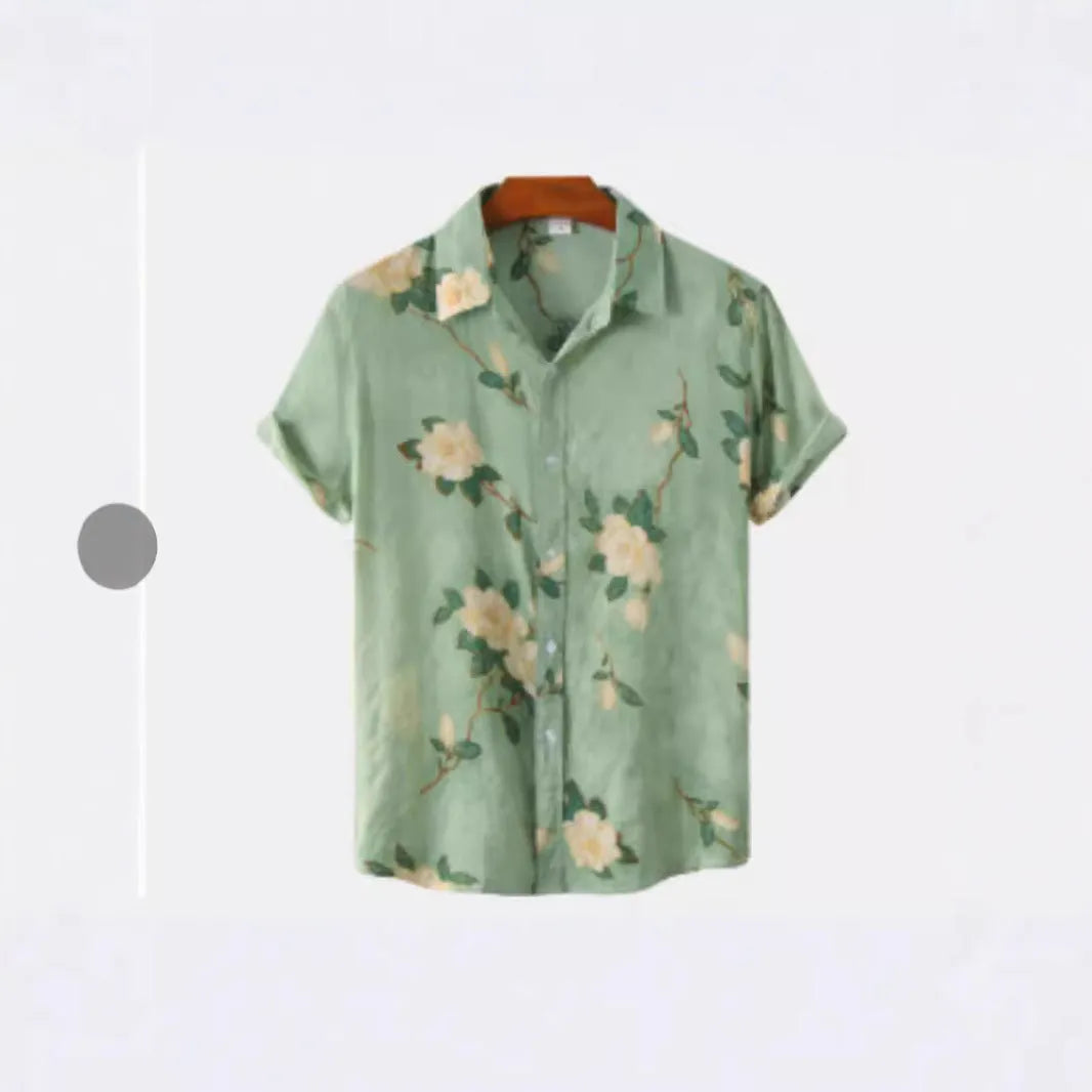 Short sleeve cardigan shirt with a Hawaiian floral pattern printed on the lapel, made from elastic polyester fabric.