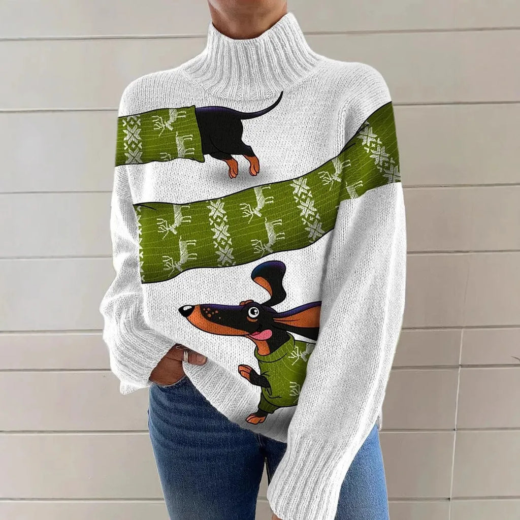 Women's Christmas printed turtleneck sweater in macaron colours, loose fit long sleeve pullover.