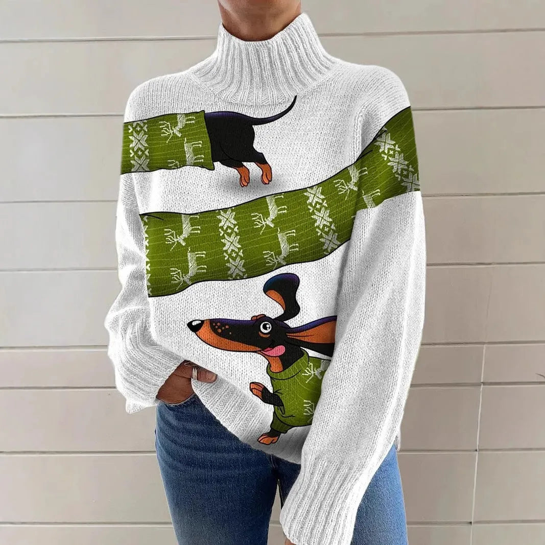 Women's Christmas printed turtleneck sweater in macaron colours, loose fit long sleeve pullover.