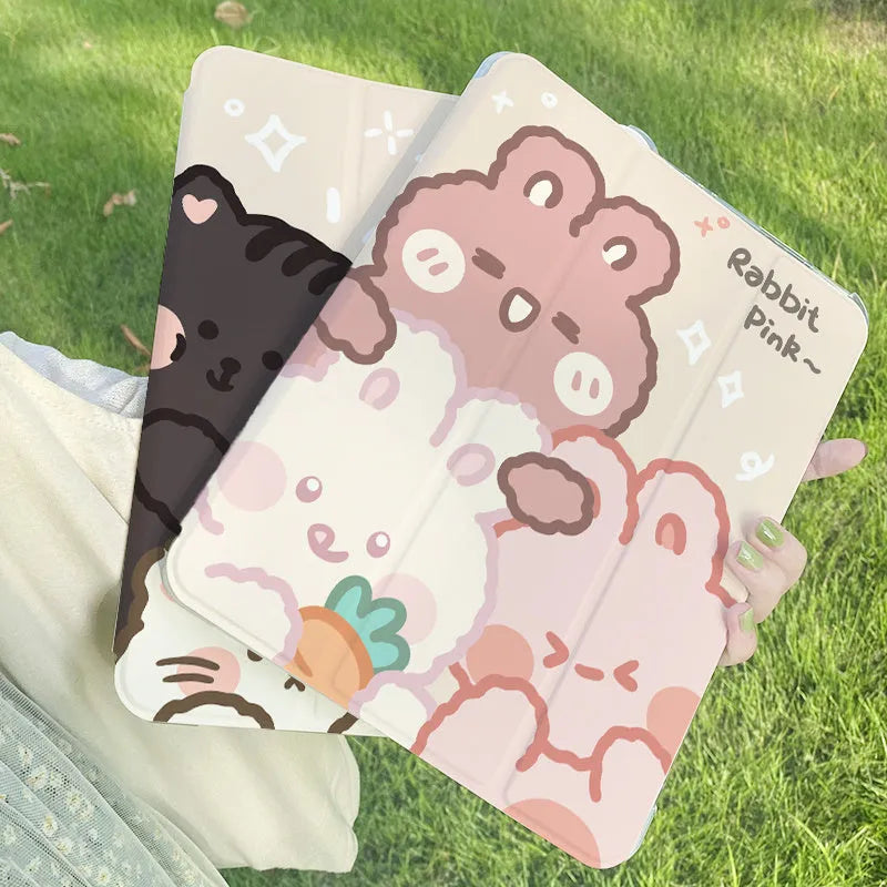 Silicone tri-fold iPad protective case with rabbit cartoon design, shown in stand mode.