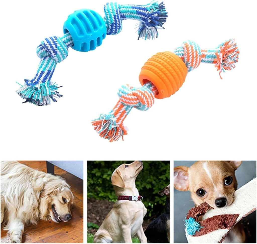 Blue molar-shaped dog chew toy with rope strands for dental cleaning