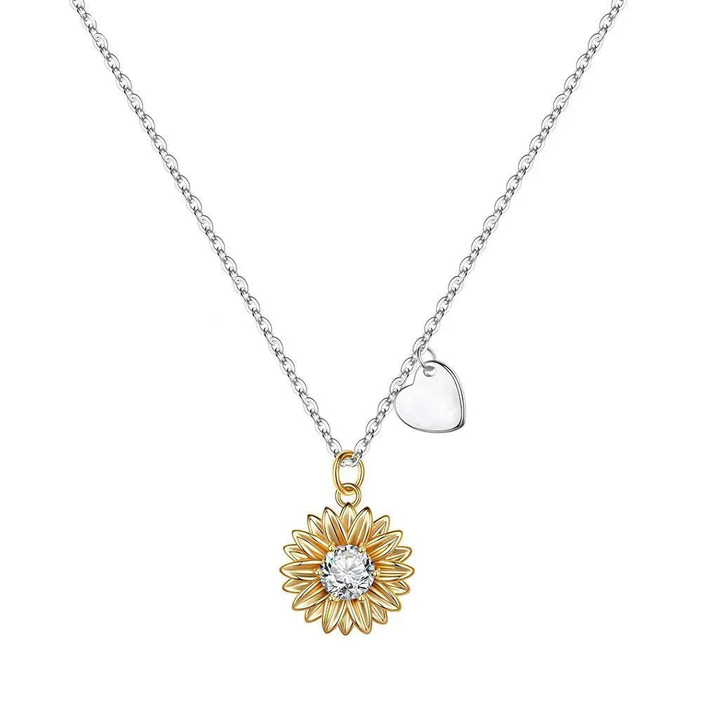 Sunflower necklace with 925 silver geometric pendant on adjustable cross chain