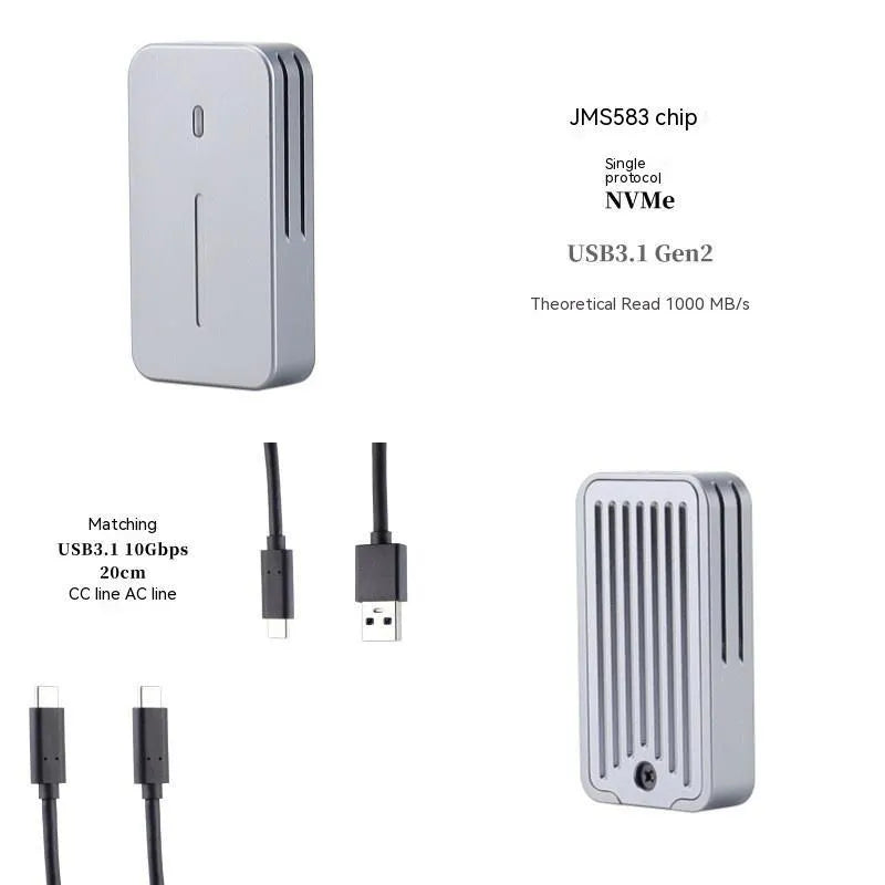 Aluminium alloy M.2 SSD external enclosure showing compact size and USB-C port.
