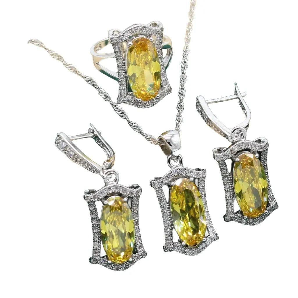 Anti-allergy zircon jewellery set with snake bone chain necklace, earrings, ring, and bracelet in yellow or olive.