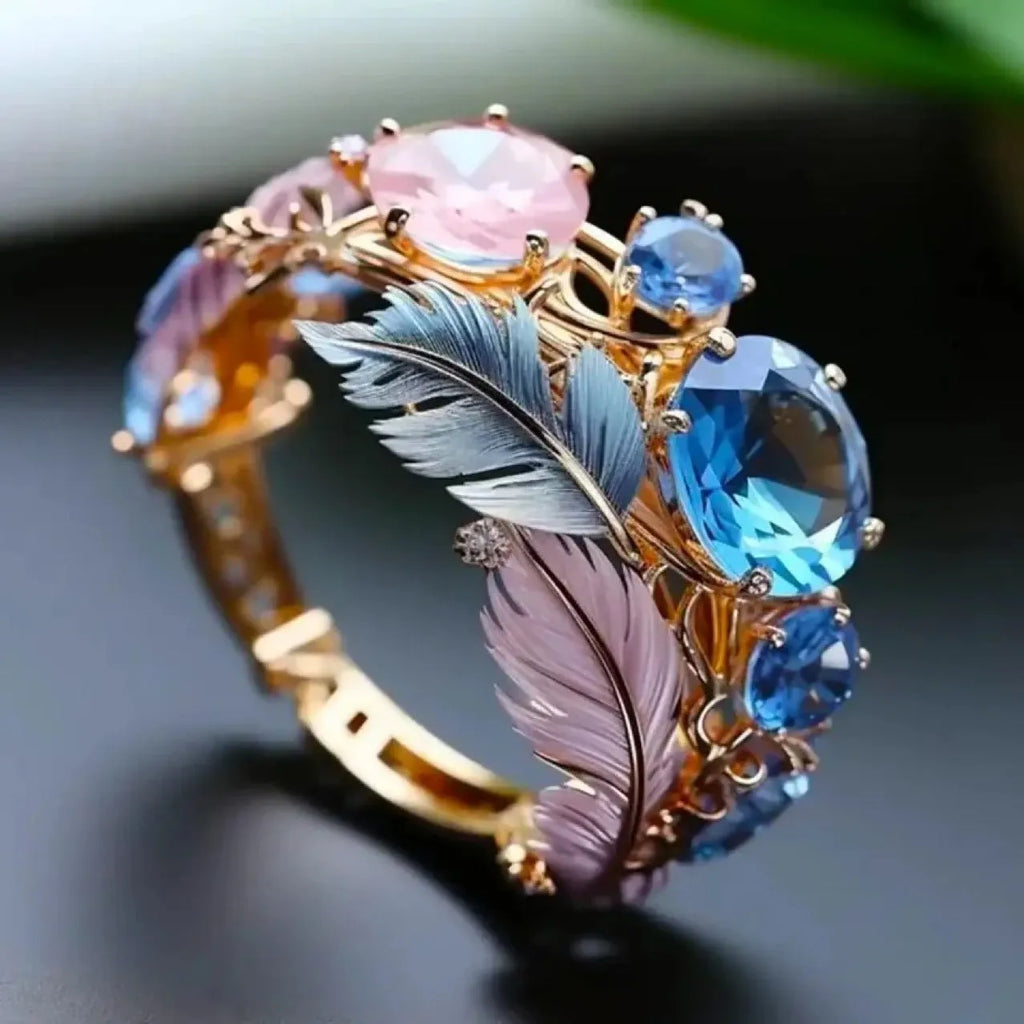 Gold geometric brass zircon ring with embossed colourful feather design