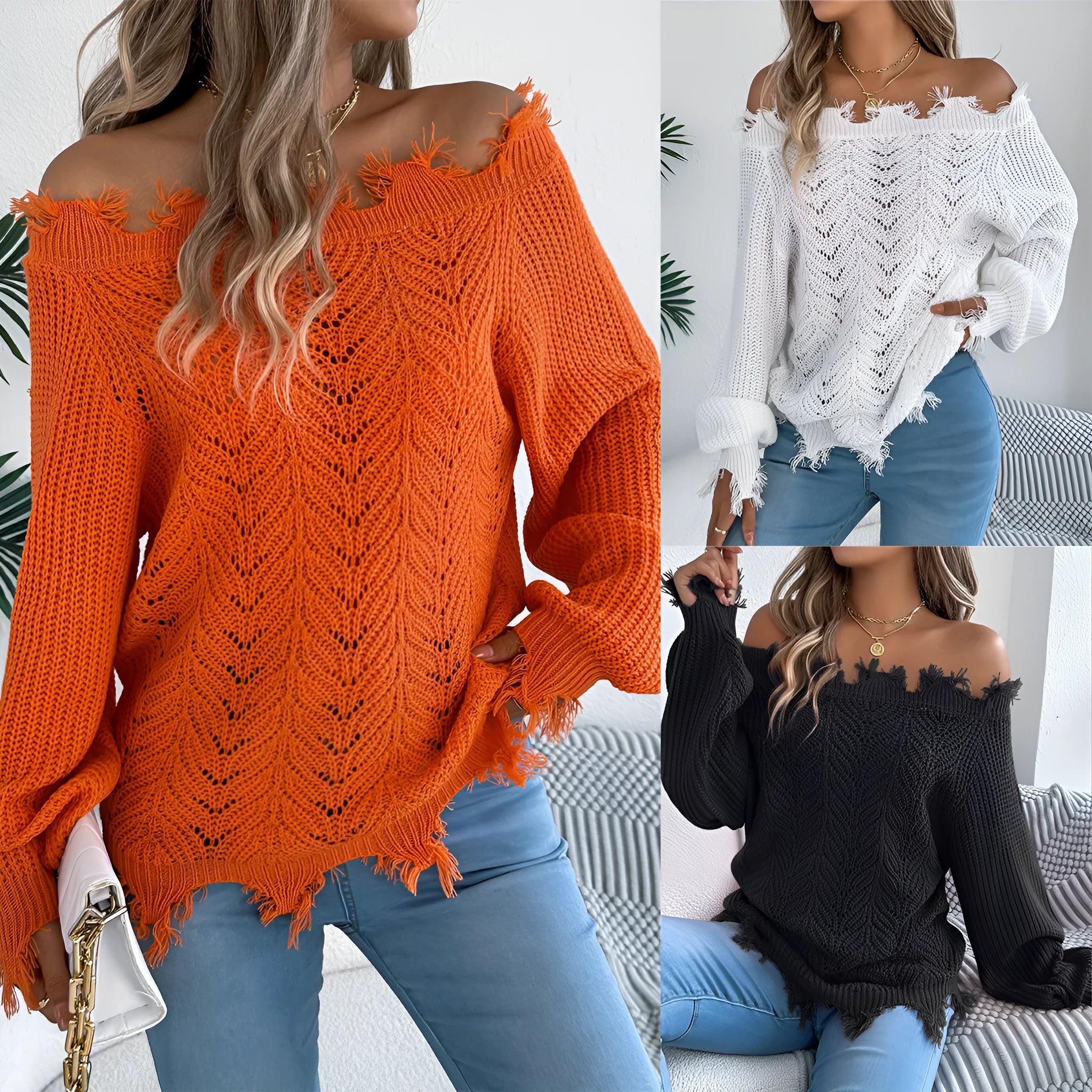 Hollow-out long-sleeved pullover sweater with off-the-shoulder neckline in black colour