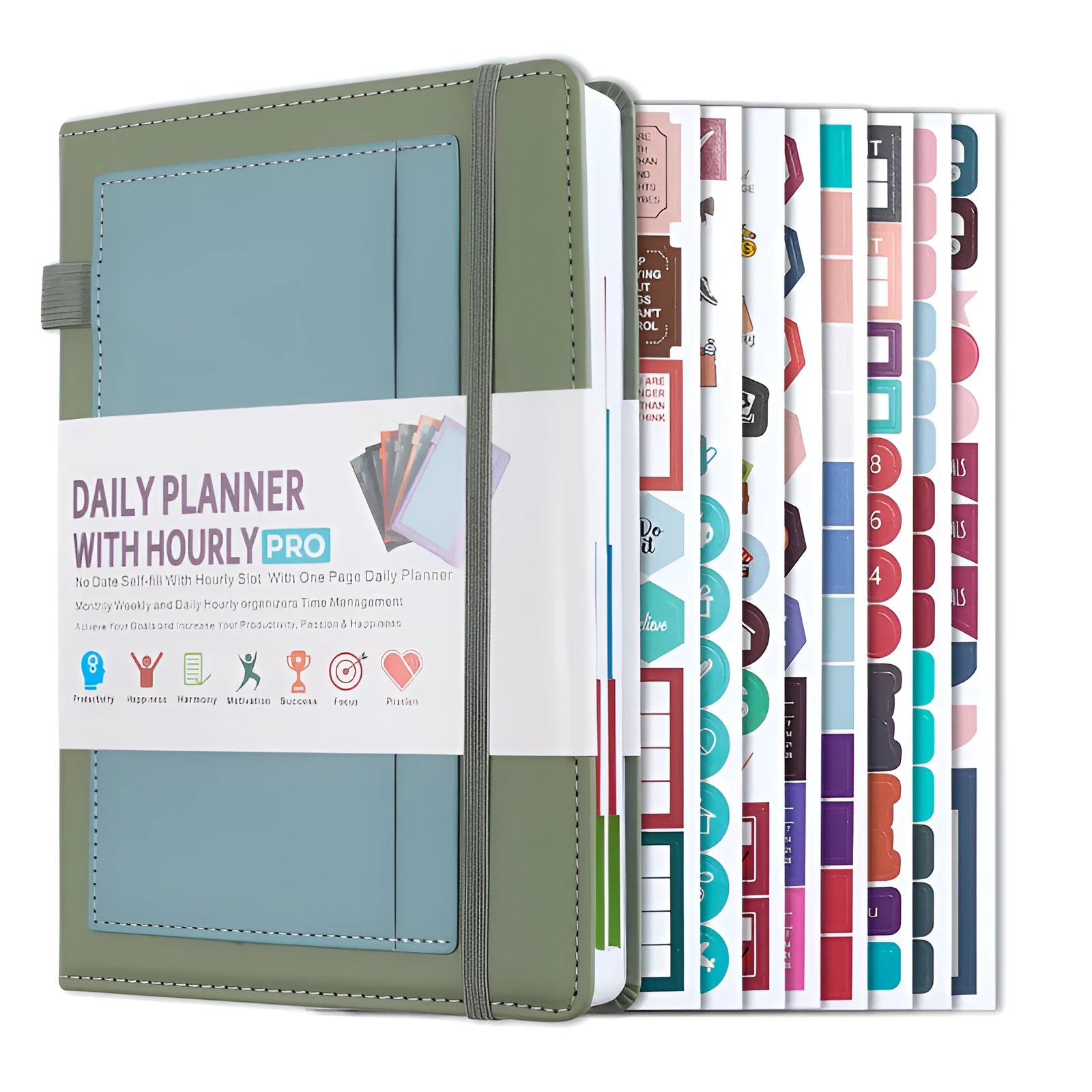 A6 self-filled notebook with PU cover in various colours, shown open on wooden table.