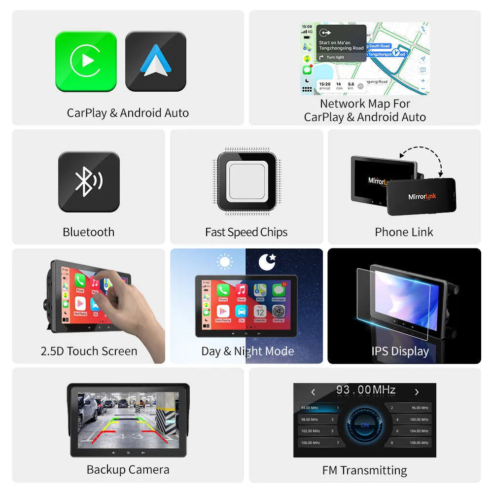7-inch wireless CarPlay display with suction cup mount and cigarette lighter power adapter