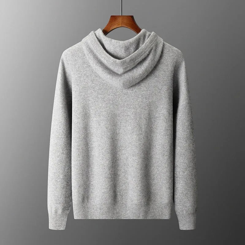 Men's dark grey cashmere hooded knitted sweatshirt with matching long pants winter leisure set