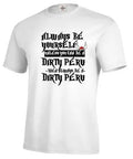 Men's white printed short sleeve polyester T-shirt on hanger