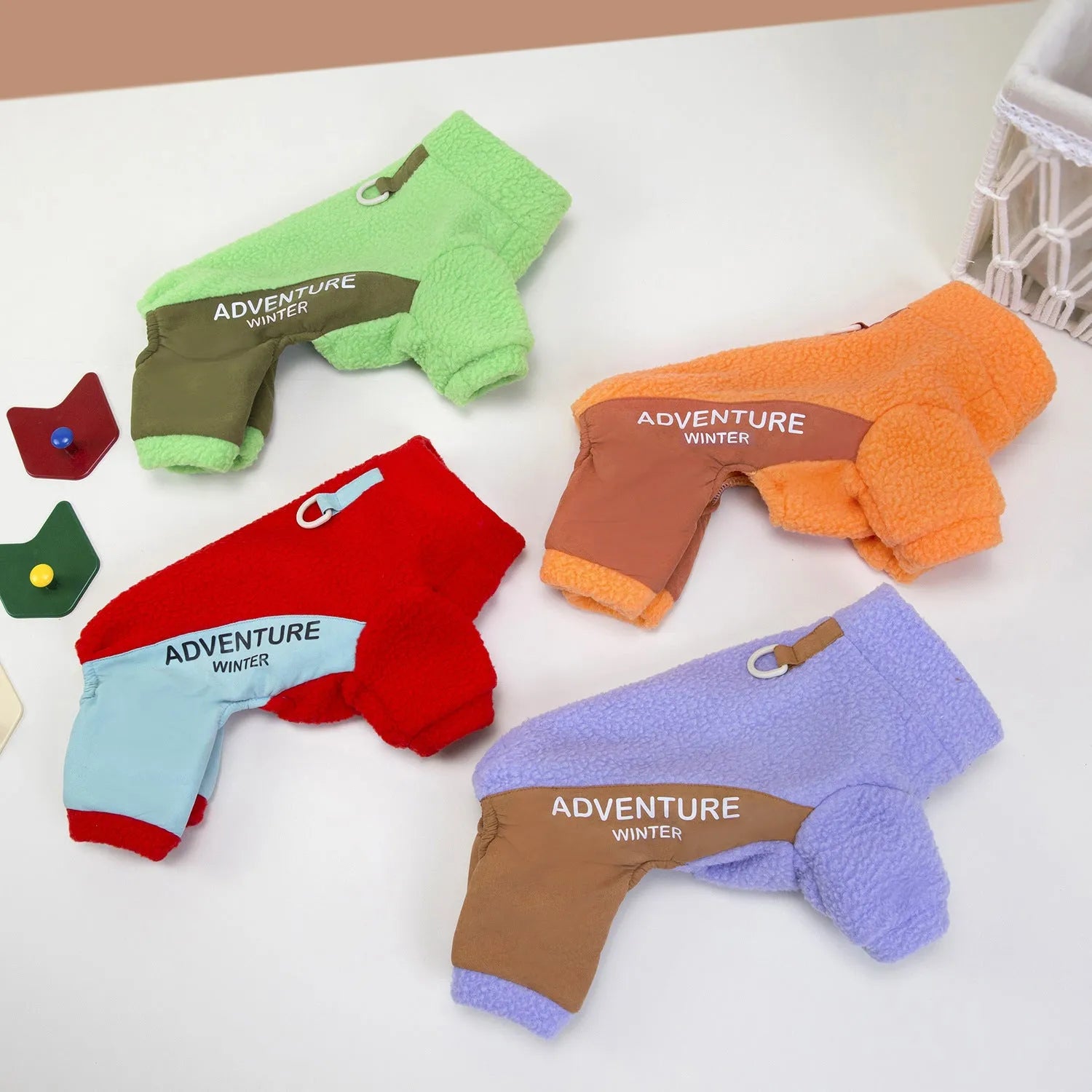 Dog four-legged thickened polyester pet clothes in green for winter use