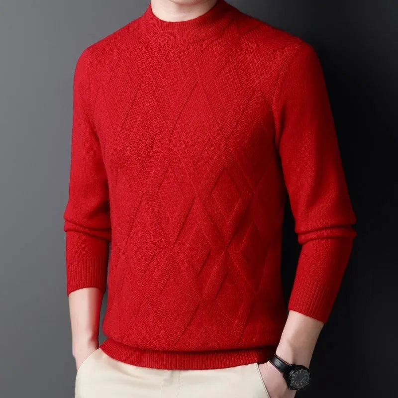 Men's diamond jacquard thermal pullover sweater in multiple colours showing textured pattern.