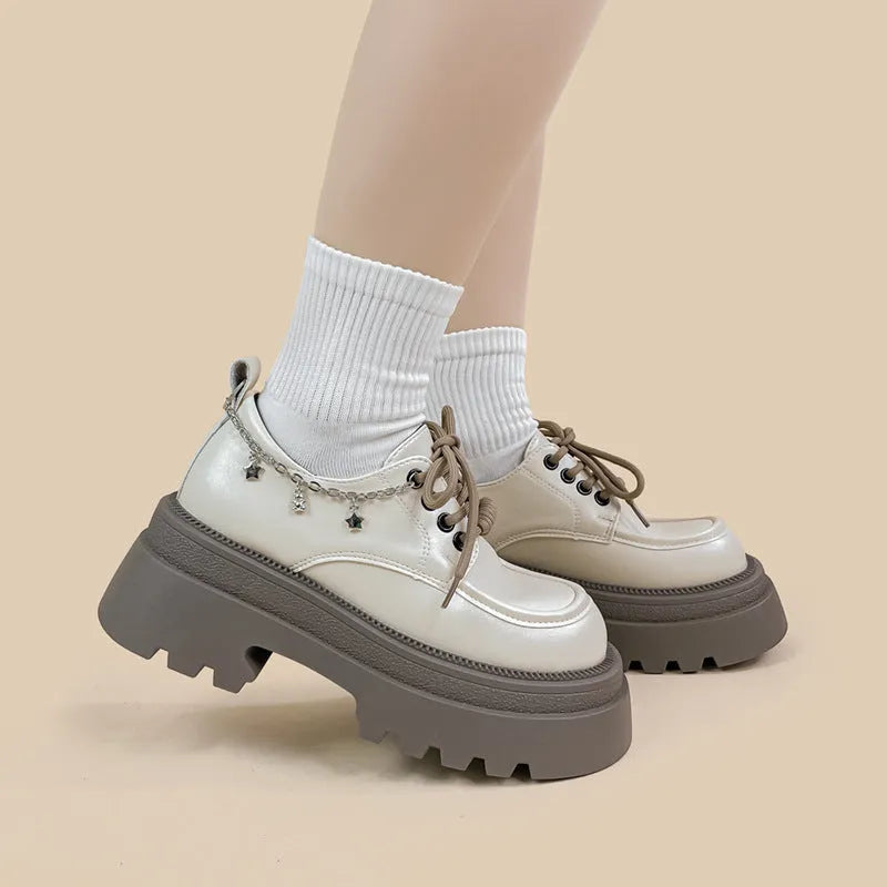 White PU leather Mary Jane platform shoes with thick chunky heel and front lace-up in XINGX bear colour.