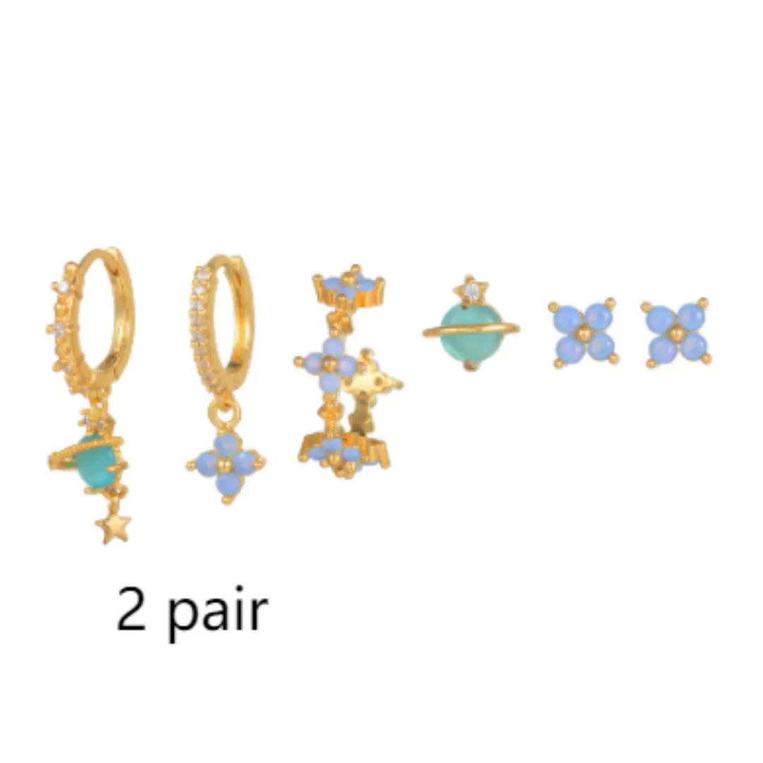 Gold and silver floral geometric stud earrings with zircon mosaic detail, Japanese Korean style.