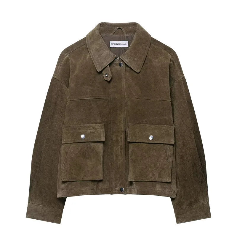 Women's medium thickness PU jacket coat in Japanese Korean casual style shown in picture colour