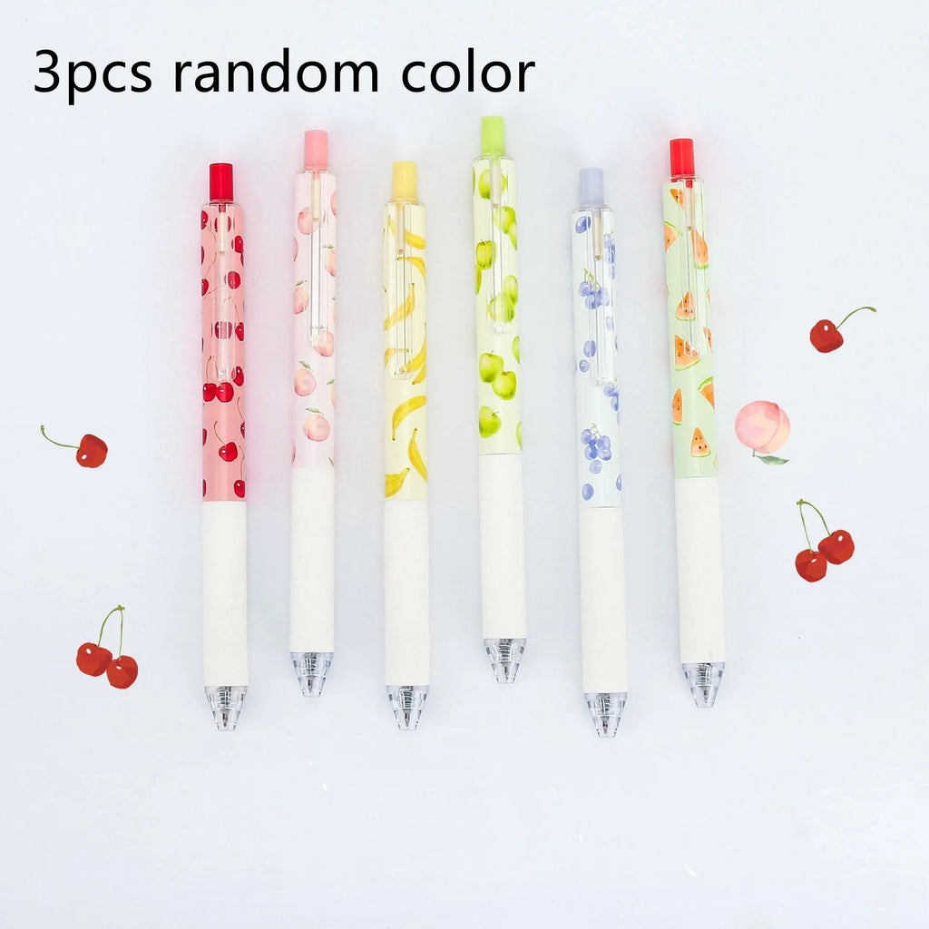Three scented fruit flavoured pressurised pens with 0.5mm black ink and plastic barrels