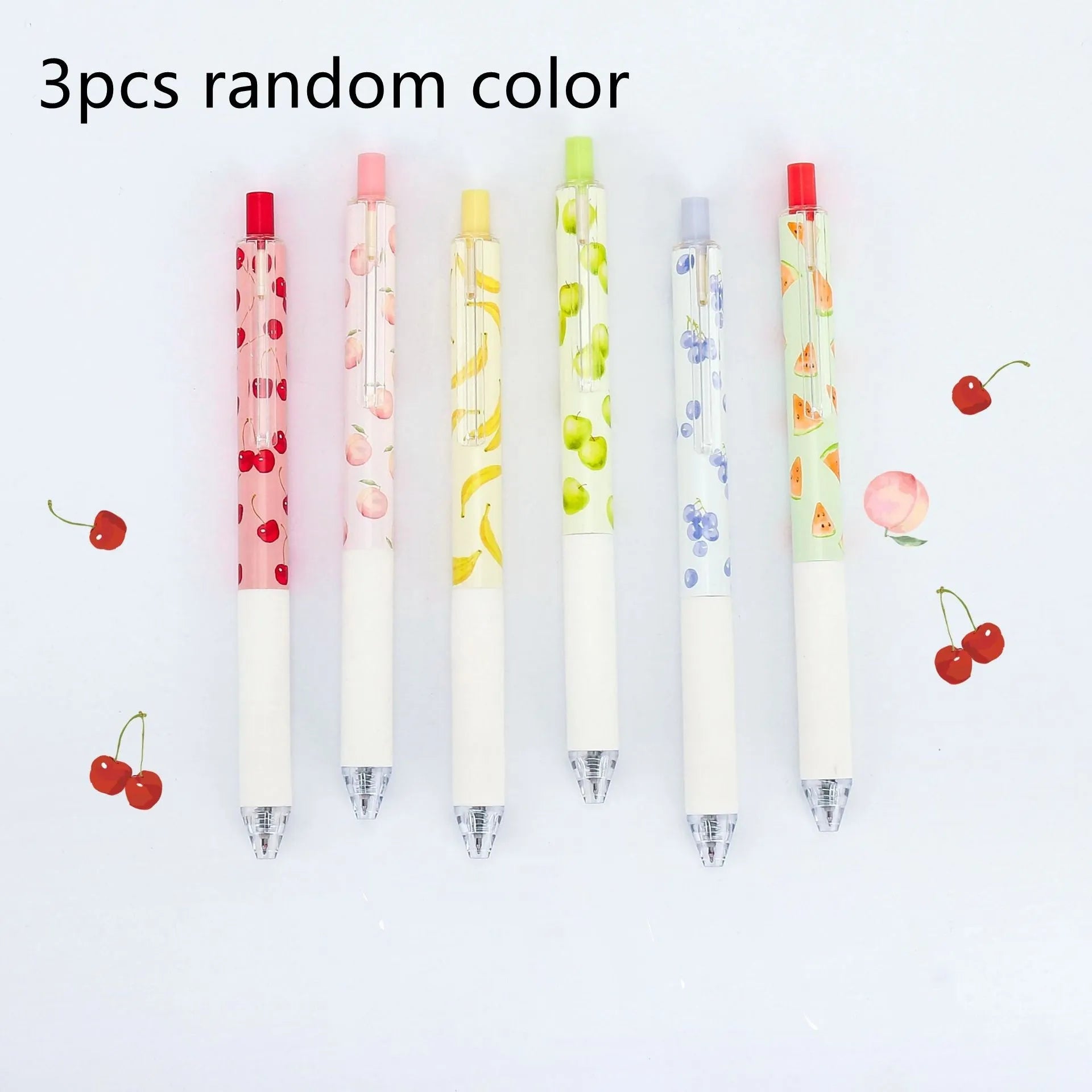 Three scented fruit flavoured pressurised pens with 0.5mm black ink and plastic barrels