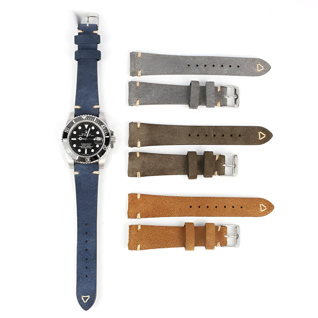 Suede genuine leather watch strap in brown, blue, grey and Army Green colours showing ethnic style design