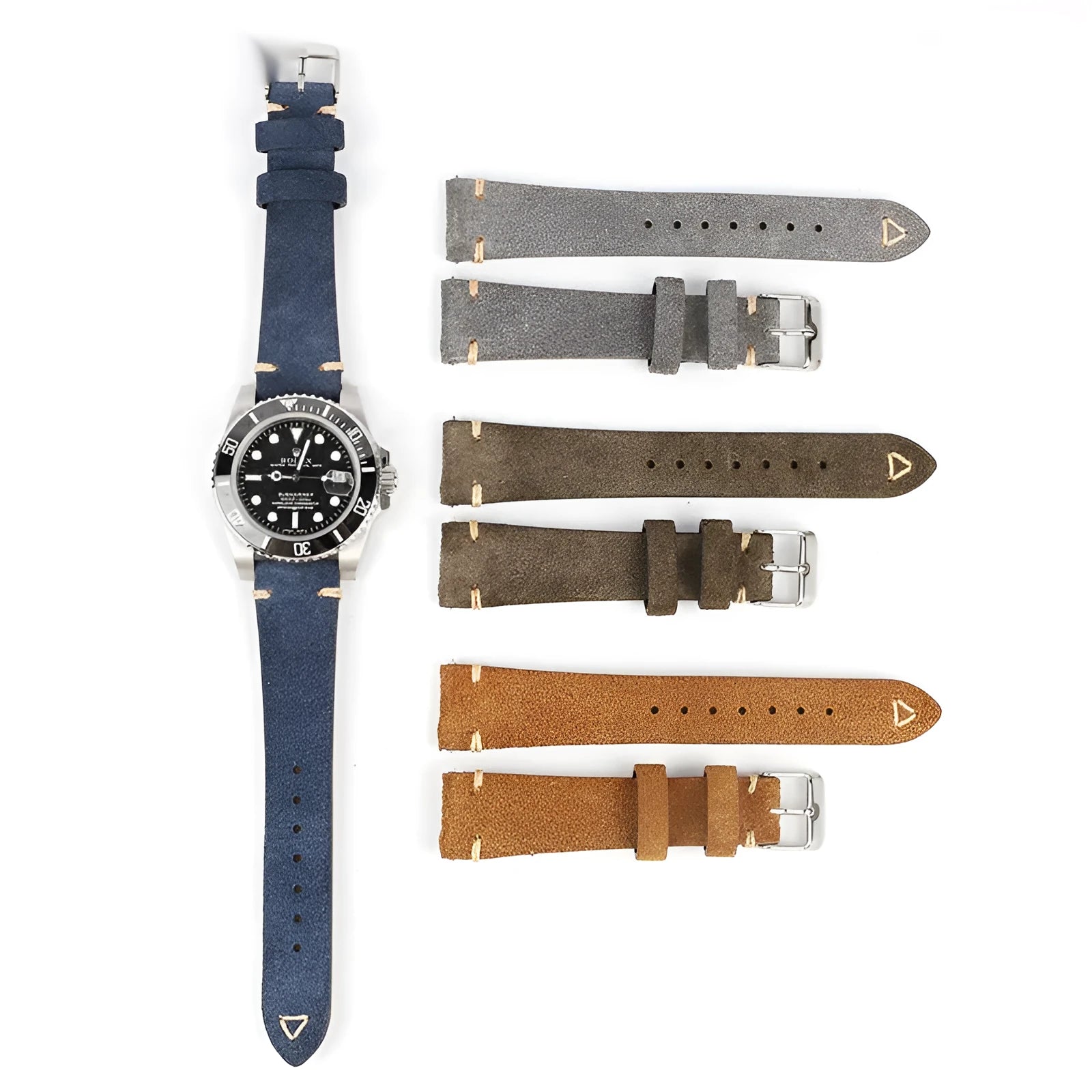 Suede genuine leather watch strap in brown, blue, grey and Army Green colours showing ethnic style design