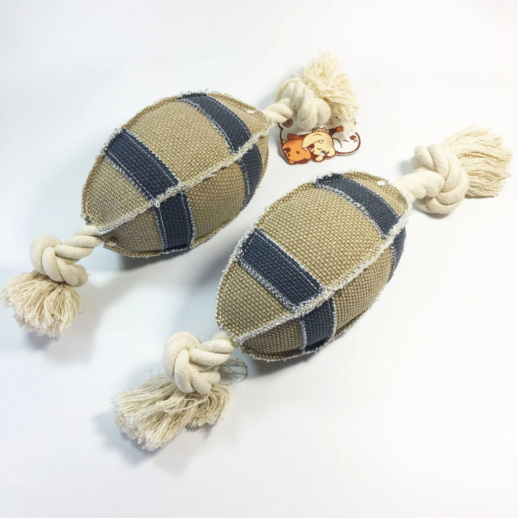 Linen cotton rope dog toy rugby football with bell, 24cm, bite resistant