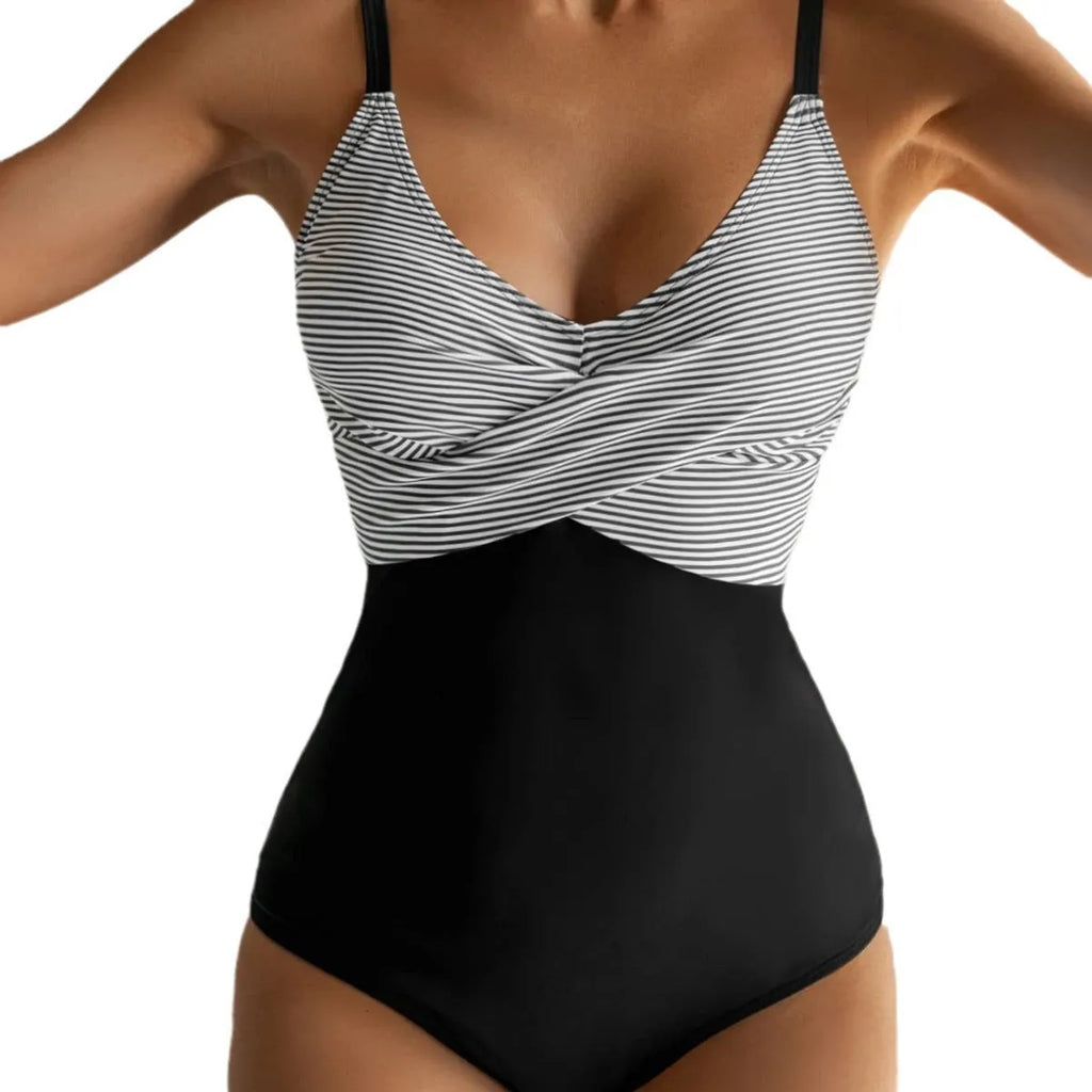 Women's printed one-piece swimsuit with lace-up back detail in leopard print pattern