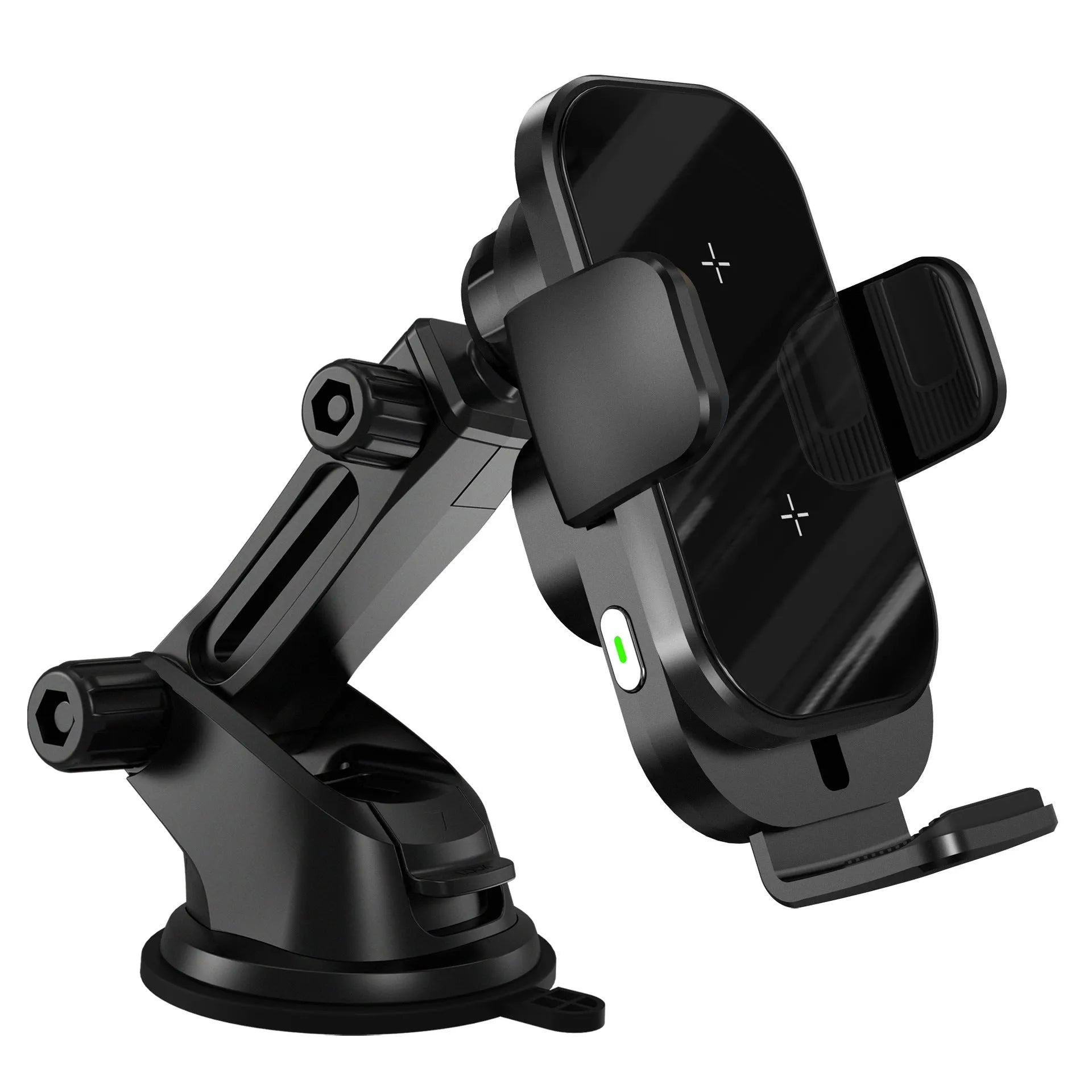Black folding car wireless charger on dashboard with suction cup bracket