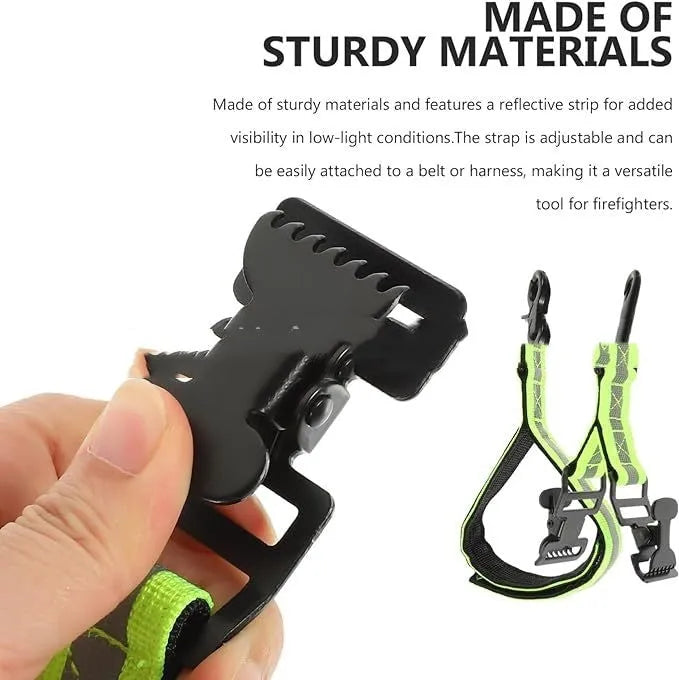 Fluorescent green safety clip with metal buckle and reflective tape for fireman gloves.