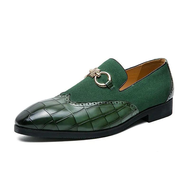 Men's black and green Korean style casual leather shoes with pointed toe and rubber sole