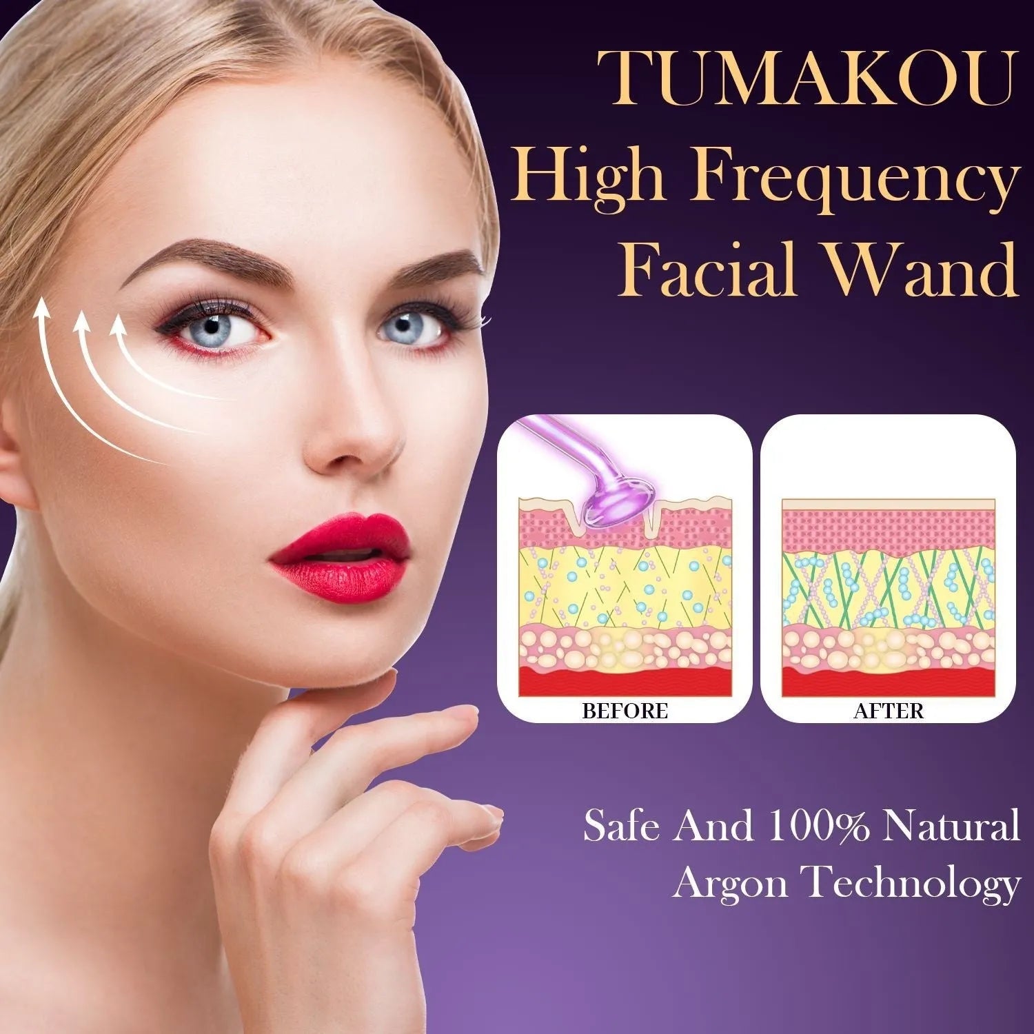 Purple Eutic six-piece high-frequency beauty instrument with six accessory heads for electrotherapy treatments.