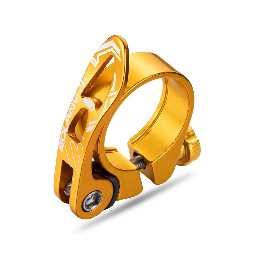 Aluminium alloy bicycle seat post clamp in black, blue, gold, or red, showing 31.8mm and 34.9mm size options.