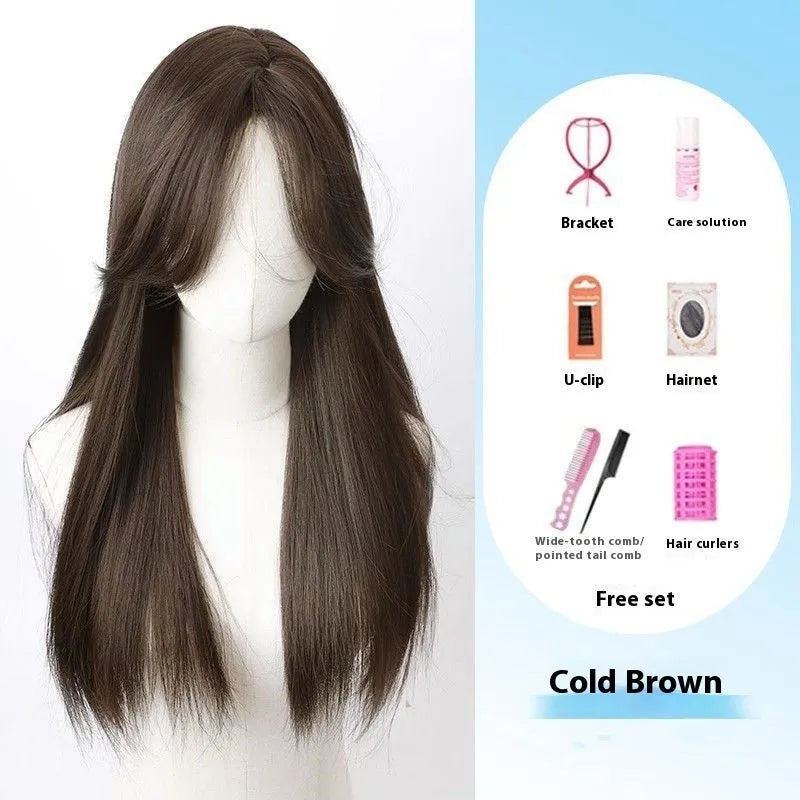 Long straight black synthetic wig with side bangs and forehead lace on a wig stand.