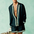 Men's slim fit casual summer outfit showing long sleeve polyester shirt and matching shorts.