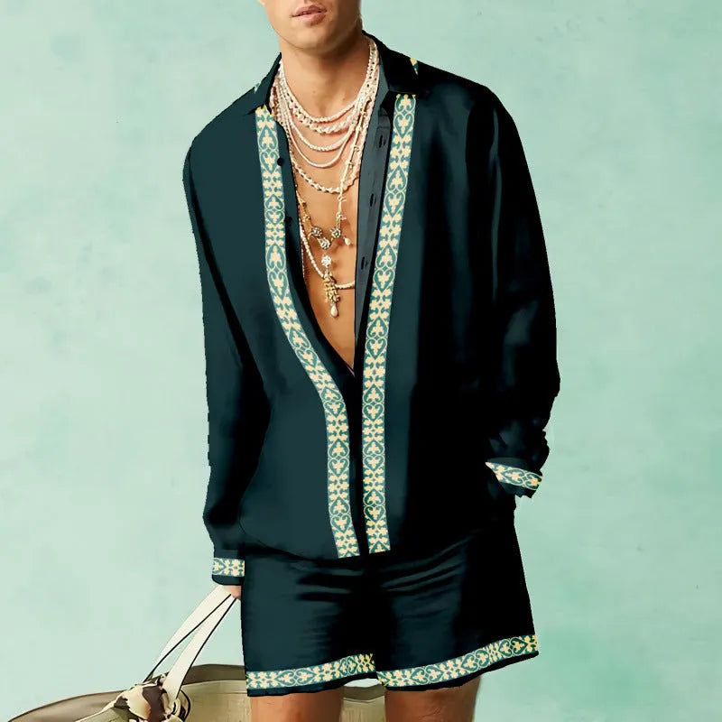 Men's slim fit casual summer outfit showing long sleeve polyester shirt and matching shorts.