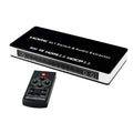 Black HDMI audio extractor switch with 4 input ports and remote control for home entertainment systems