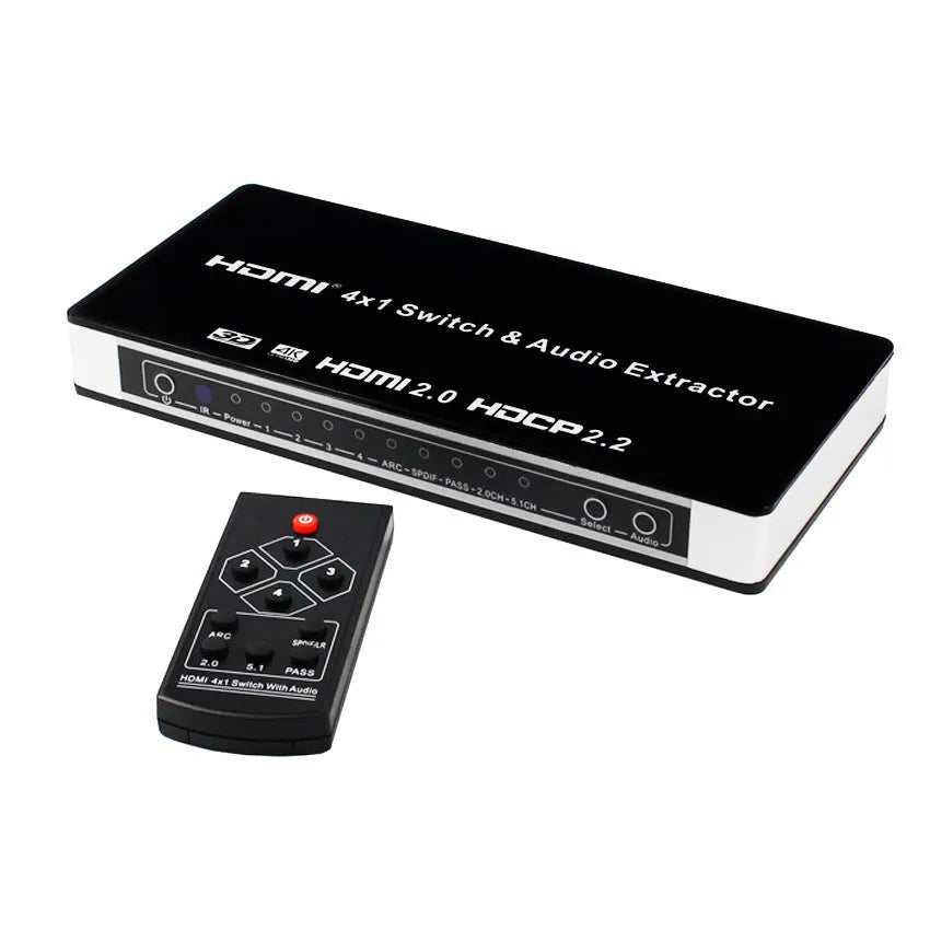 Black HDMI audio extractor switch with 4 input ports and remote control for home entertainment systems