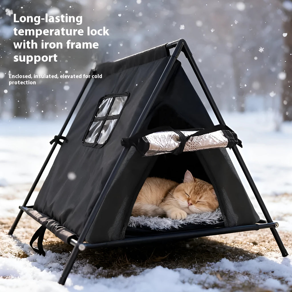 Outdoor triangular tent cat nest in black, small size, made from Oxford cloth for winter warmth