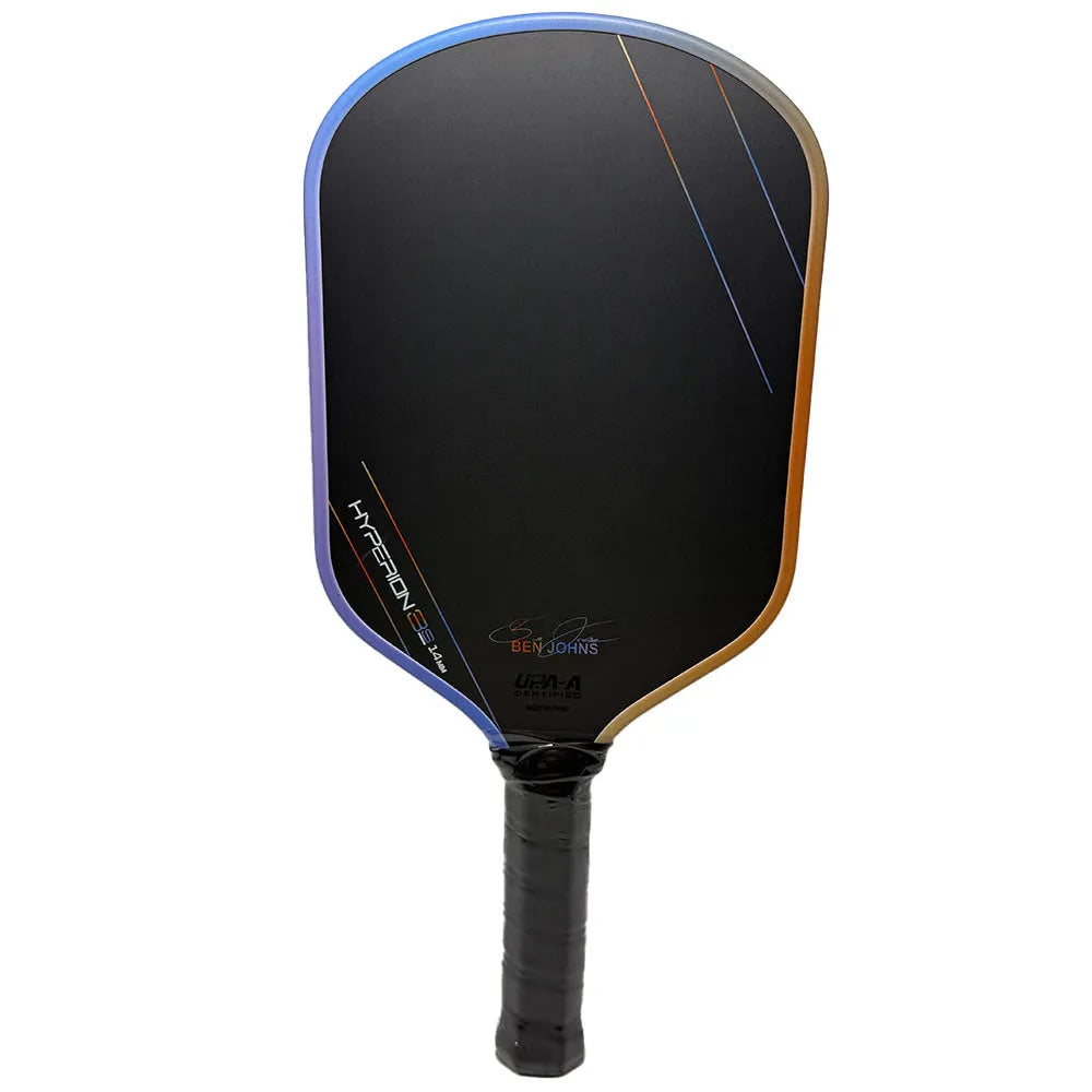 Multicolour matte finish pickleball racket with T700 carbon fibre frame and honeycomb core.