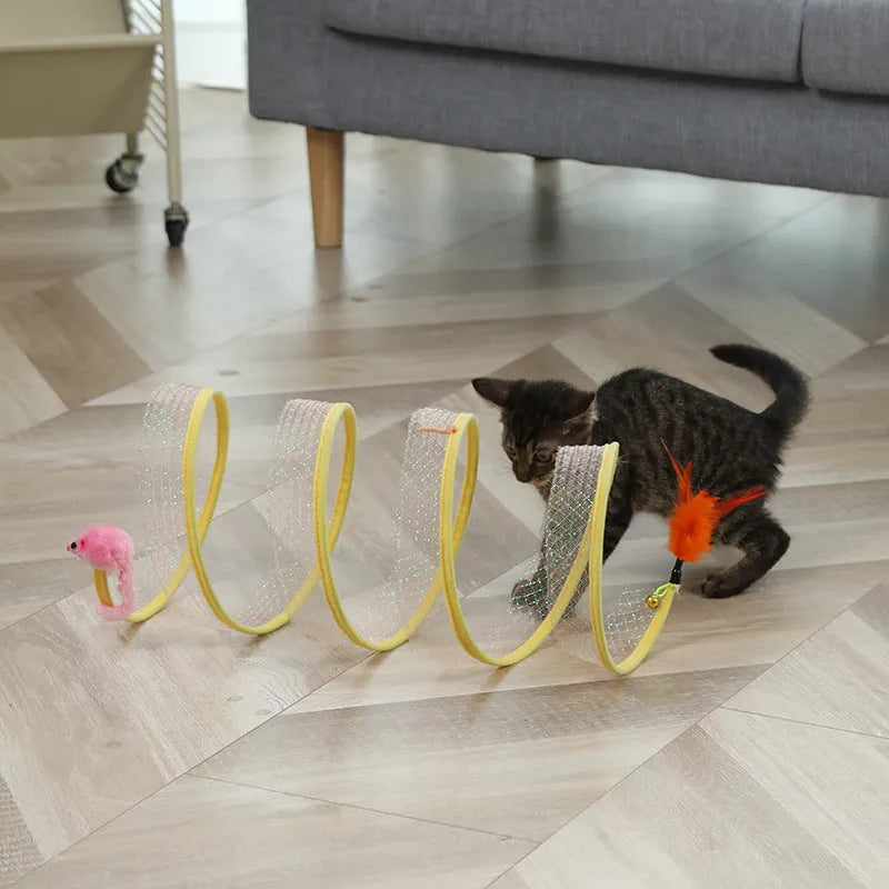 Foldable cat tunnel toy set with hanging feather and sisal ball toys, 50cm long
