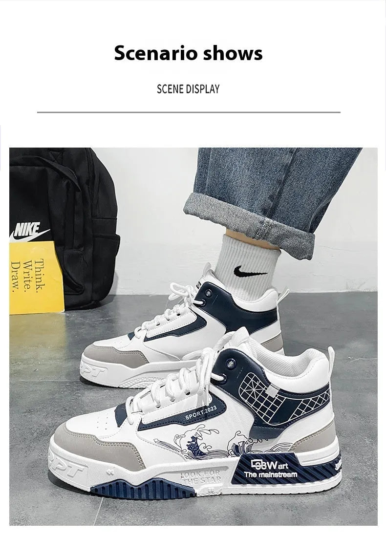 Men's high-top board shoes in beige, white and blue colours with lace-up front and rubber sole