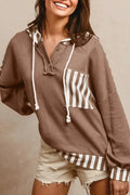 Straw yellow waffle texture hoodie with patchwork stripes and front drawstring
