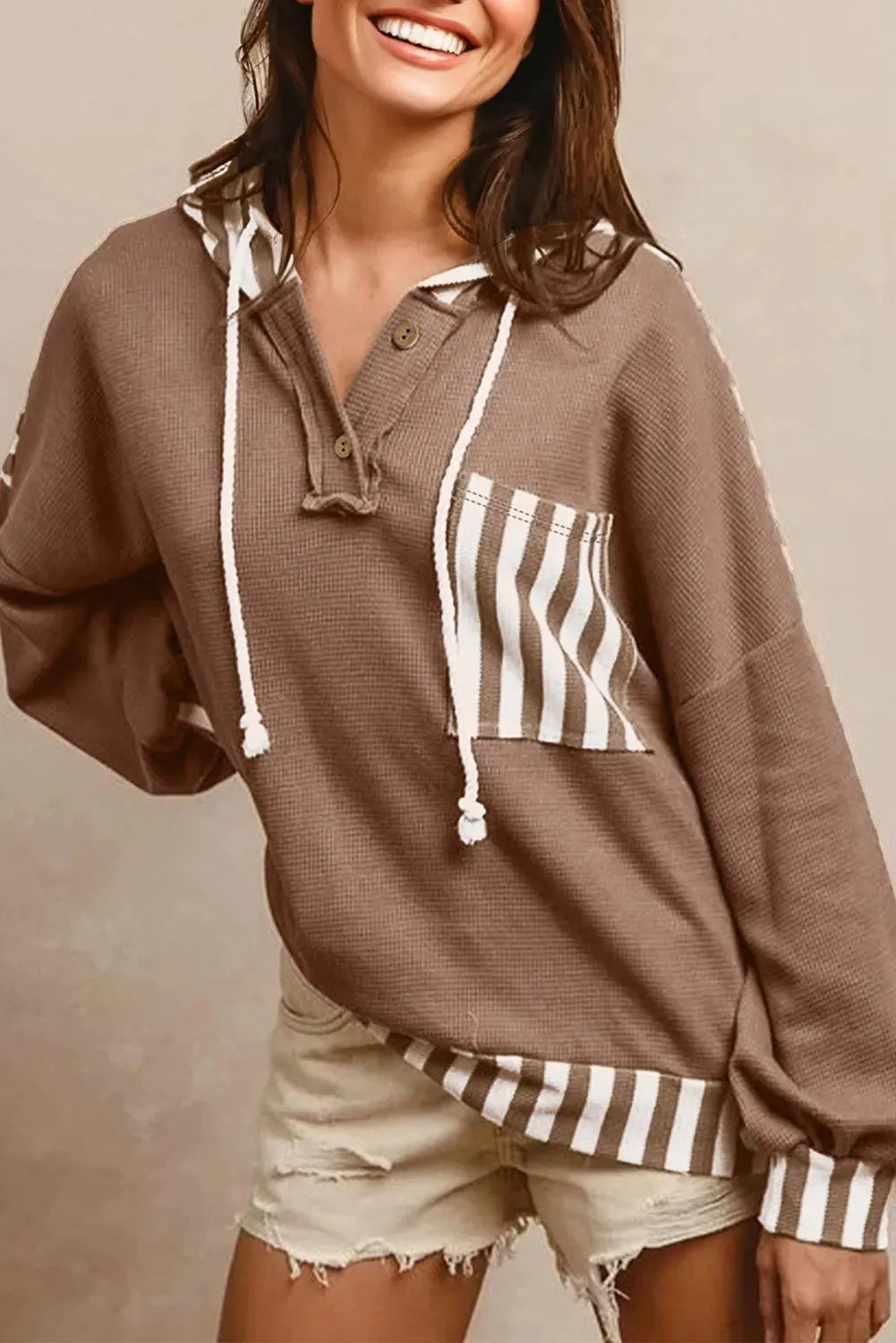 Straw yellow waffle texture hoodie with patchwork stripes and front drawstring